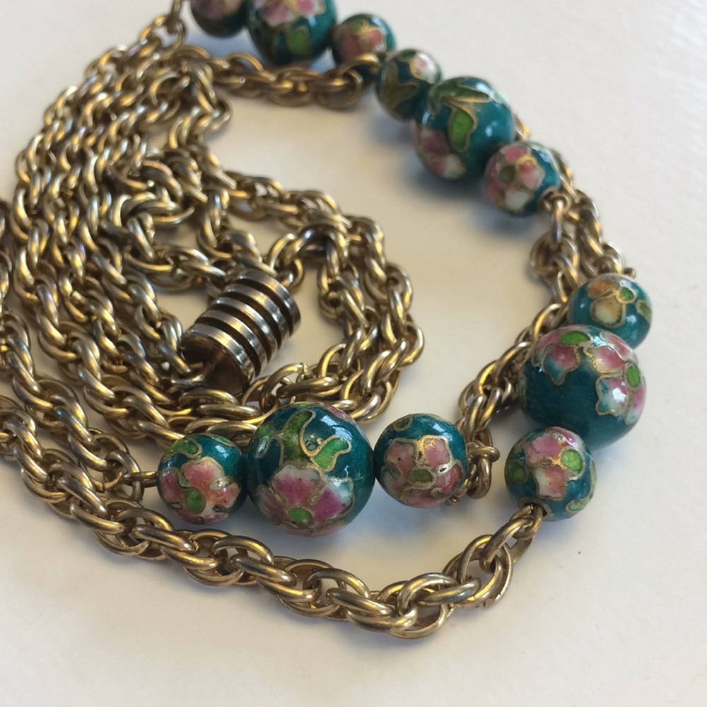 Vintage Floral Cloisonné Bead & rope chain Necklace wear long or doubled